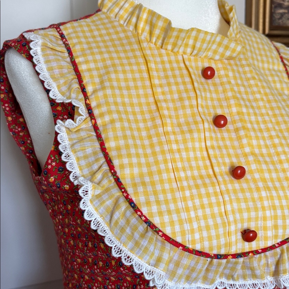 Lola Juniors 3 Vintage Ruffle Gingham Floral Red and Yellow Sleeveless Dress 70s - Picture 3 of 8